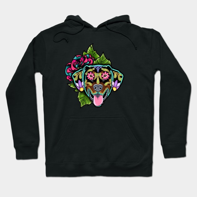 Doberman - Floppy Ear Edition - Day of the Dead Sugar Skull Dog Hoodie by prettyinink